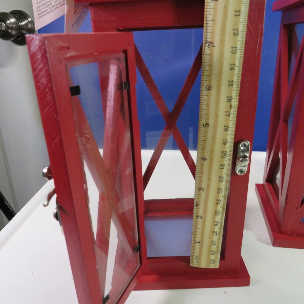 (2) Red Wood & Glass Lanterns w metal hinges Farmhouse Winter Holiday - Picture 10 of 16